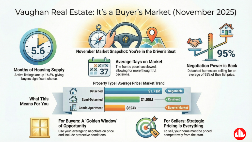 Vaughan Ontario real estate market snapshot chart showing prices, sales, and inventory for November 2025.