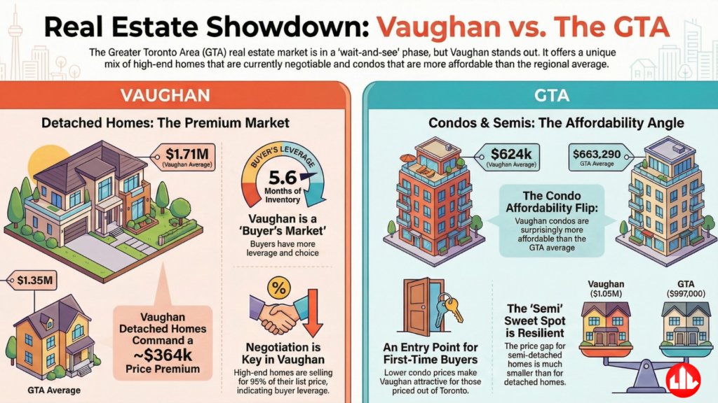 Comparison chart showing Vaughan Ontario versus GTA real estate market statistics for November 2025.