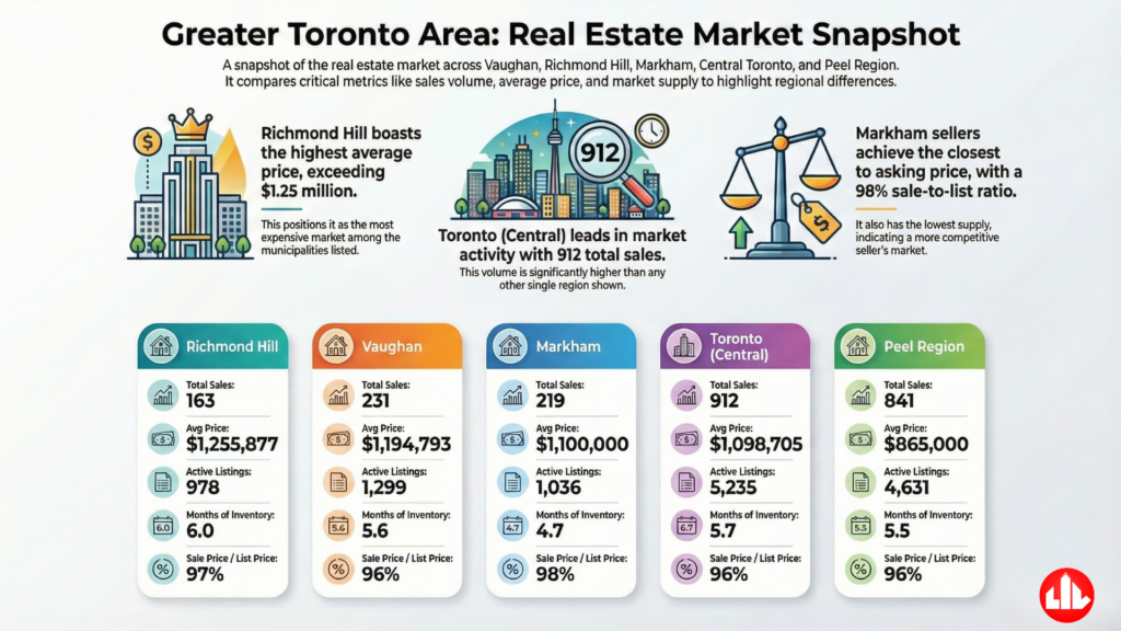 Comparison chart of Vaughan Ontario real estate market versus surrounding municipalities for November 2025.