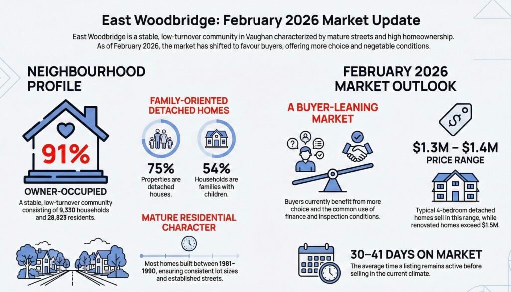 Infographic showing February 2026 real estate market update for East Woodbridge in Vaughan, including detached home prices and days on market.