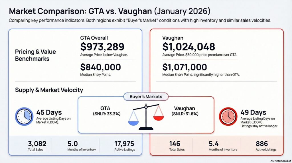 GTA housing market January 2026 snapshot comparing total sales, months of inventory, average price, median price, and days on market, providing context for the Vaughan housing market February 2026.