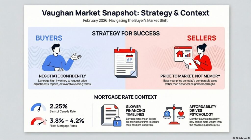 Vaughan housing market February 2026 strategy guide for buyers and sellers showing negotiation advice, pricing strategy, and current mortgage rate context in Vaughan, Ontario.