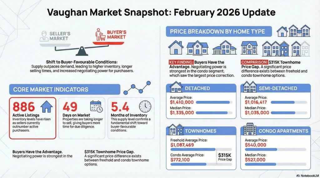 Vaughan housing market February 2026 price breakdown by property type showing detached, semi-detached, townhome, and condo apartment prices in Vaughan, Ontario.