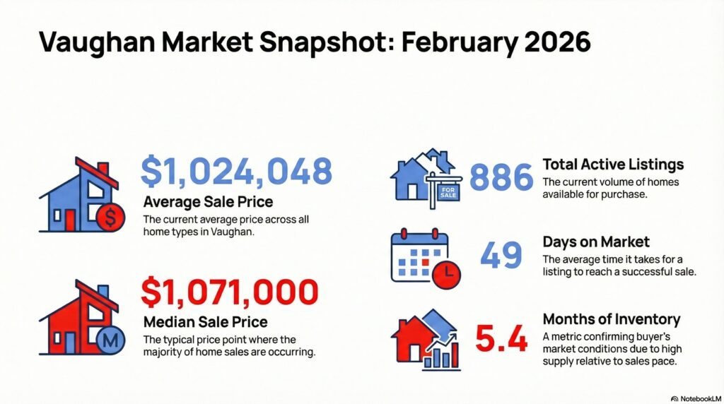 Vaughan Real Estate Market February 2026 snapshot showing average sale price, median price, 886 active listings, 49 days on market, and 5.4 months of inventory in Vaughan, Ontario.