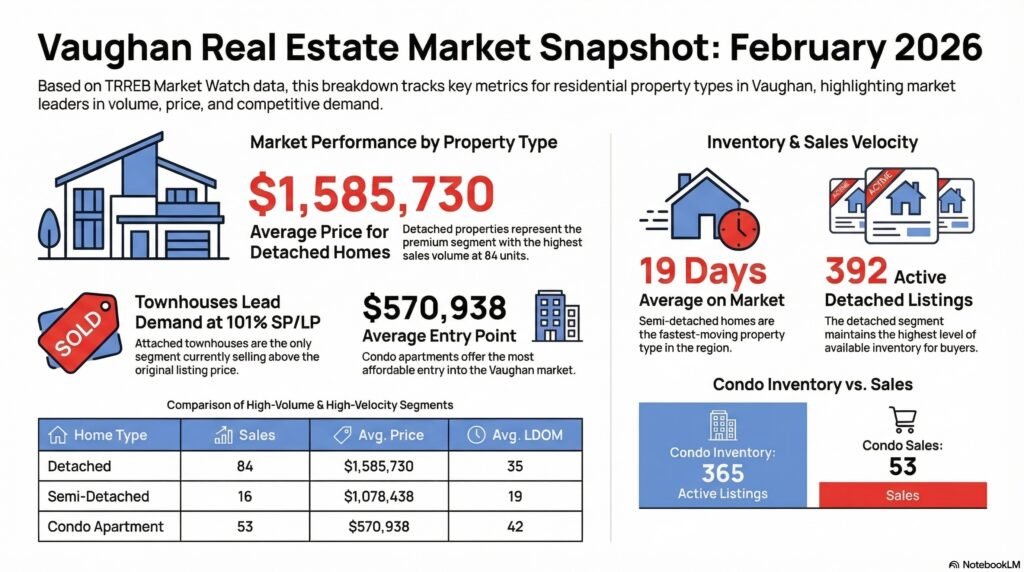 Detailed Vaughan real estate market statistics for February 2026 showing average home prices by property type, days on market, inventory levels and sales activity in Vaughan Ontario.