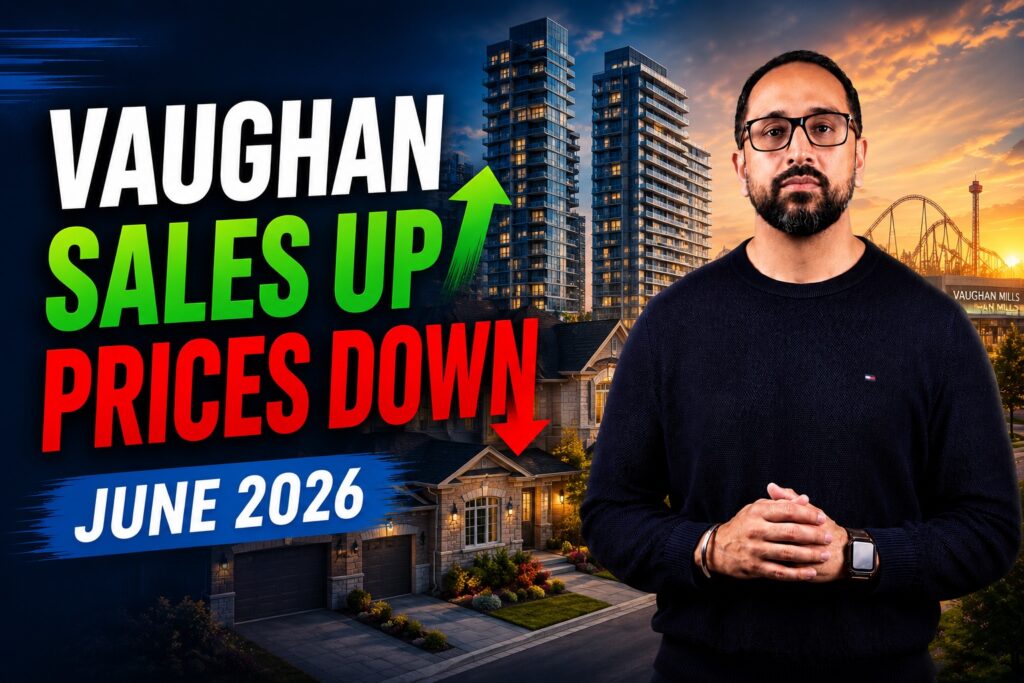Vaughan real estate broker Raj Bajwa with a June 2026 Vaughan market update graphic reading "Sales Up, Prices Down"