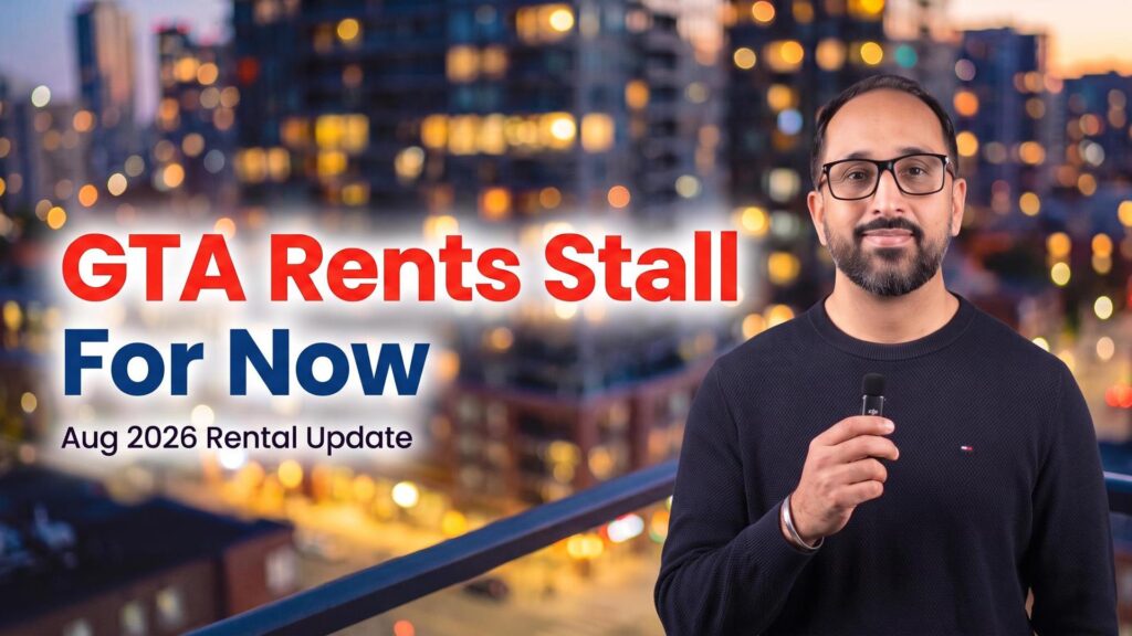 Vaughan real estate broker Raj Bajwa presenting the August 2026 Vaughan and GTA rental market update, standing on a balcony with Greater Toronto Area condo towers lit up at dusk behind him. Based on July 2026 asking-rent data.