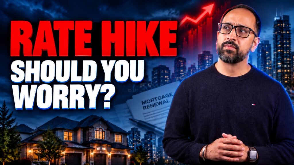Vaughan real estate broker Raj Bajwa beside a graphic reading plus $13 a month per $100,000 of variable mortgage after the October 2026 Bank of Canada rate hike