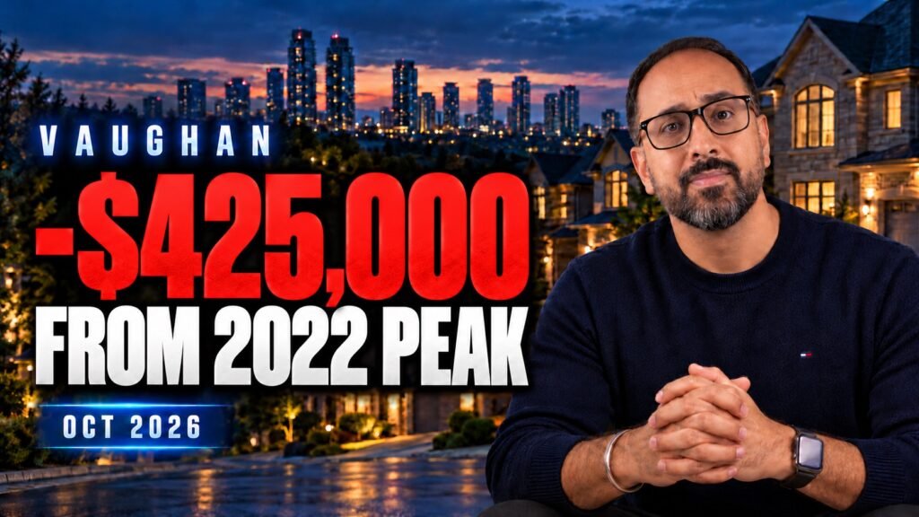 Vaughan real estate broker Raj Bajwa beside a graphic reading -$425,000 from the 2022 peak, from the October 2026 Vaughan market update